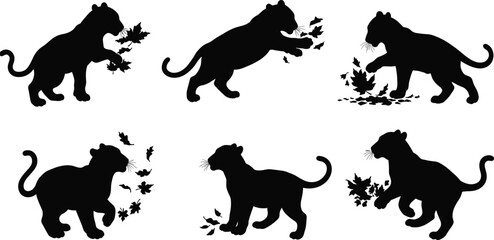 PrintBaby panther cub silhouettes playing with autumn leaves, wild jungle animal vector design, cute feline wildlife illustration, black panther art