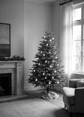Monochrome Christmas Interior with Decorated Tree and Fireplace