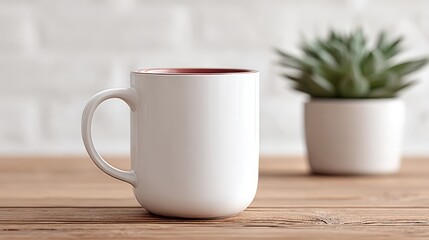 Fototapeta premium Minimalist White Mug on Wooden Table, simple and clean, representing coffee or tea with copy space.