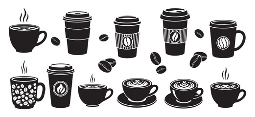 Collection of hand drawn coffee cups and coffee beans in black ink illustration isolated on transparent background
