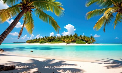 Obraz premium Turquoise water laps a white sand beach under a vibrant blue sky. Palm trees sway gently in the warm tropical breeze, creating a serene island paradise, sea, peaceful