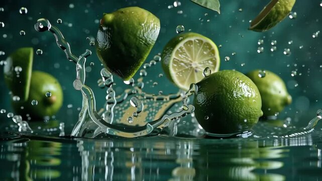 An invigorating scene of fresh juicy limes making a splash in pristine water, with a dark green background