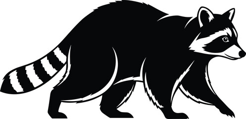 Stylized raccoon silhouette vector in walking pose, black and white illustration, ringed tail, mask pattern, wild animal graphic design © Sharon 