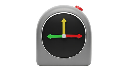Gray Alarm Clock with Red Button and Colorful Hands isolated on a transparent background time