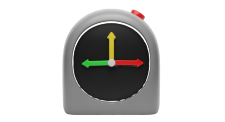 Gray Alarm Clock with Red Button and Colorful Hands isolated on a transparent background time