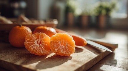 Organic orange vegetables on a chopping board under soft kitchen light