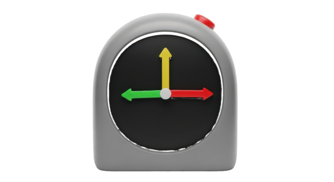 Gray Alarm Clock with Red Button and Colorful Hands isolated on a transparent background time