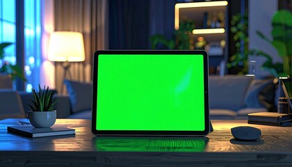 A tablet with a green screen sits on a table in a cozy living room setting.