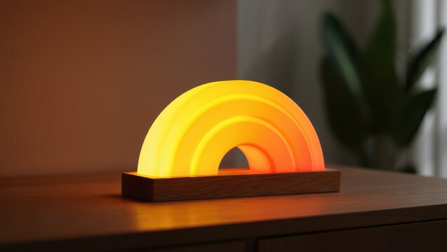 Glowing segmented arch lamp with wooden base on a table rainbow light