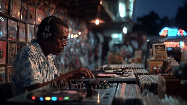 Elderly African American man wearing headphones and glasses mixing vinyl records on a turntable in a dimly lit shop