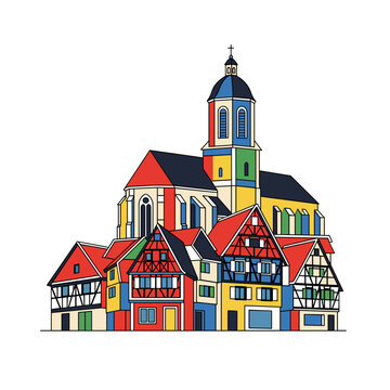 Colorful line art illustration of a European old town with halftimbered houses and a church.