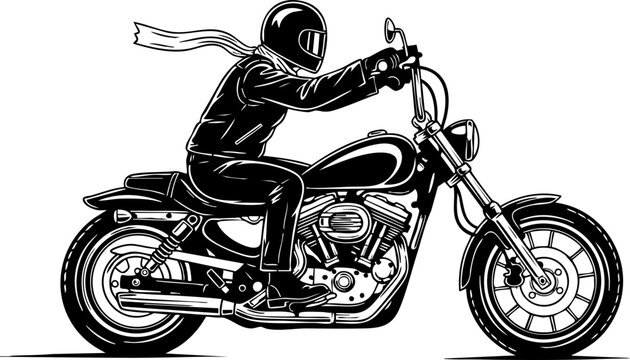 Dynamic biker speeds on classic motorcycle with scarf flowing, embodying freedom and adventure on the open road.