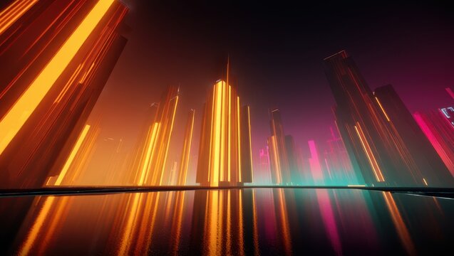 Glowing skyscraper city at night with reflections cityscape neon lights