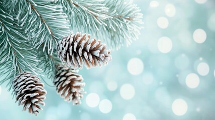 Evergreen pine branches adorned with snow-covered pine cones against a soft bokeh background, creating a serene winter atmosphere with copy space for text