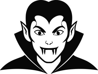 Vampire silhouette with sharp fangs, widow’s peak, pointed ears, high collar cape, gothic horror Halloween vector illustration for spooky design