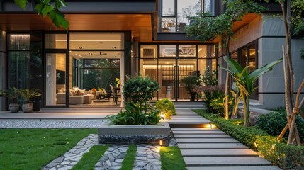 Obraz premium Modern house exterior with lush landscaping