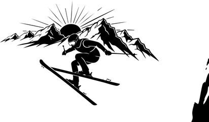 Dynamic skier soars through crisp mountain air against a vibrant sunrise, capturing the thrill of winter adventure and extreme sports. © Vectors Studio