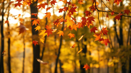 Maple leaves in the autumn forest on a sunny day. Natural background.