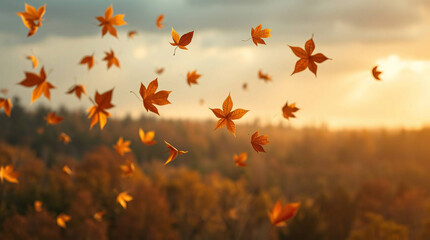 Autumn leaves flying in the air at sunset. Nature background.