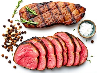 Deliciously grilled steak sliced and whole with rosemary and peppercorns