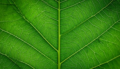 Obraz premium Close-up of a vibrant green leaf showcasing its intricate vein structure in great detail