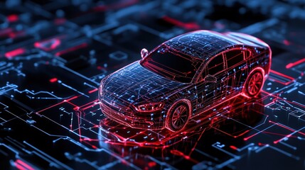 Glowing digital car model on circuit board futuristic technology concept