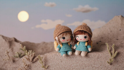 Two crochet dolls sitting on a sandy surface with a sky background and a bright circular light source