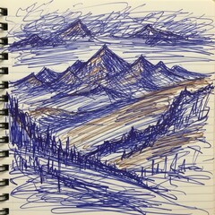 Fototapeta premium A pen sketch shows mountains in the background and hills in the foreground Lines also depict trees