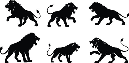 PrintLion silhouettes roaring and walking, powerful big cat vector illustration, wild jungle predator artwork, strong feline majestic design, animal silhouette drawing