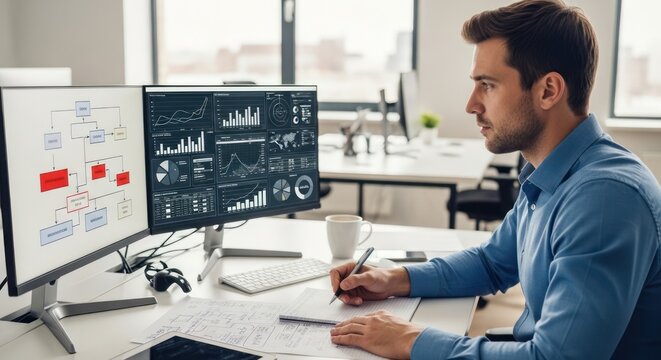 Focused Analyst Reviewing Data Charts and Diagrams