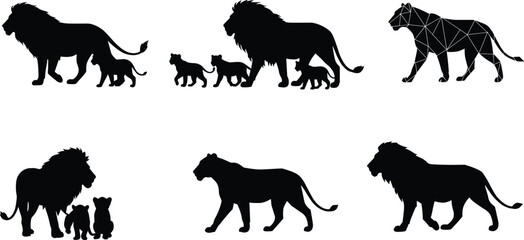 PrintLion silhouettes with cubs, family jungle animal vector design, walking lion and cub illustration, wildlife predator artwork, big cat silhouette drawing