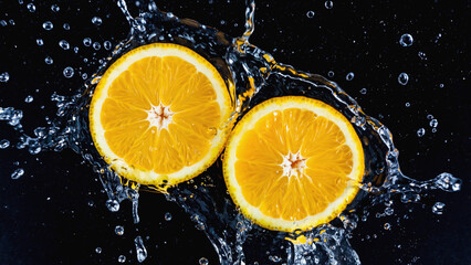 Two orange halves surrounded by splashing water against a dark black colored background view from above