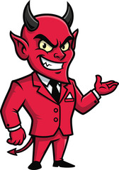 Cartoon devil character in red suit with horns, tail, sharp teeth, mischievous grin, fantasy mascot illustration for Halloween design