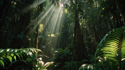 Sunbeams filtering through a lush, dense tropical rainforest canopy, illuminating vibrant green foliage and creating a mystical atmosphere - Powered by Adobe