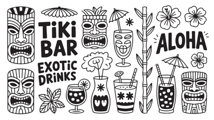 Set of exotic tiki bar elements including masks drinks and floral designs vector illustration for summer party invitations and tropical themed designs