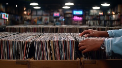 Hands sorting through rows of vinyl records in a store music record store