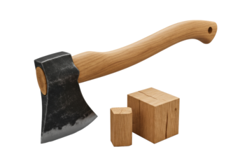 Meticulously crafted rustic axe with patinated steel and sharp edge, hardwood handle, next to a smooth oak wood block, isolated on transparent, commercial product concept
