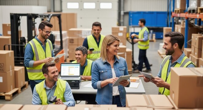 Warehouse Team Collaboration: Happy Workers Using Tablets and Laptops in a Busy, Bright Warehouse