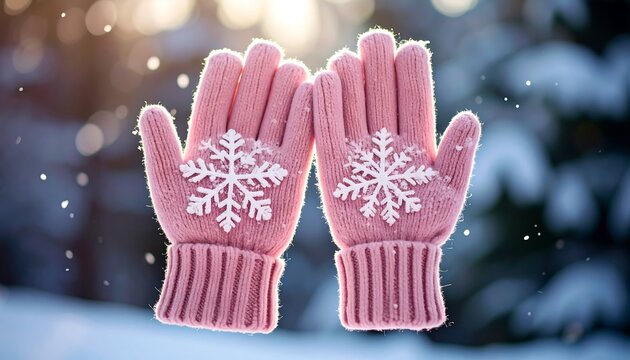 Pink knitted gloves with snowflakes against blurred winter background with snow and sunlight - Powered by Adobe