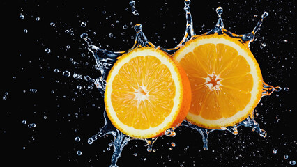 Two orange slices with water splashing around them on a black background in a studio shot