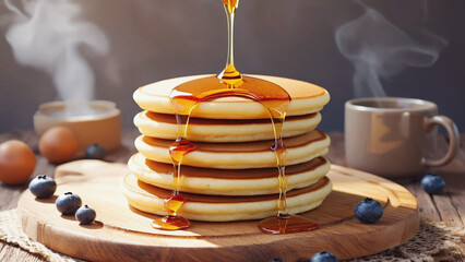 Stack of pancakes with syrup pouring down on a wooden board with blueberries and coffee mug