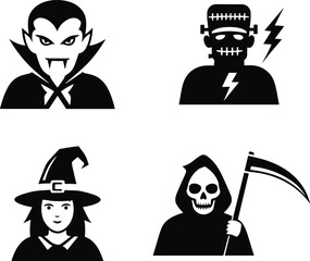 Set of four halloween characters vector illustration including vampire, frankenstein monster, witch with hat, grim reaper with scythe artwork