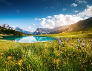 Beautiful view of amazing meadow in beautiful place lake with blue sky and clouds majestic nature landscape, vintage tone, long exposure picture (3)
