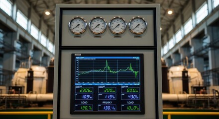 Fototapeta na wymiar Industrial Control Panel: Gauges, Graph, and Power Plant Setting