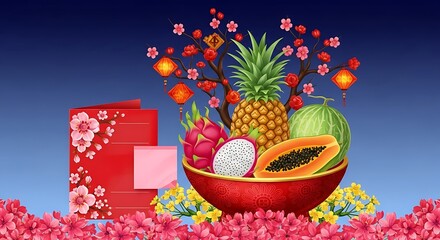 Festive Lunar New Year illustration with fruits blossoms and red envelopes