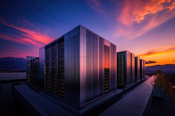 Modern data center at sunset, showcasing sleek architecture and vibrant colors.