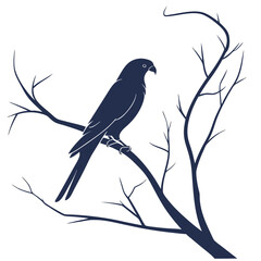 Silhouette of a bird perched on a bare branch against a
