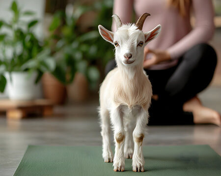Funny cute white goat kid standing on green yoga mat during calm animal pet therapy yoga session