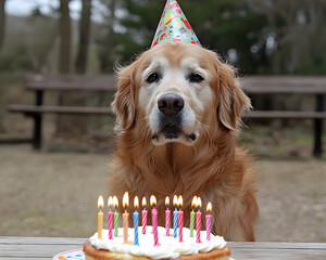 Sad golden retriever dog celebrating birthday party with cake and hat. funny, cute animal milestone moment