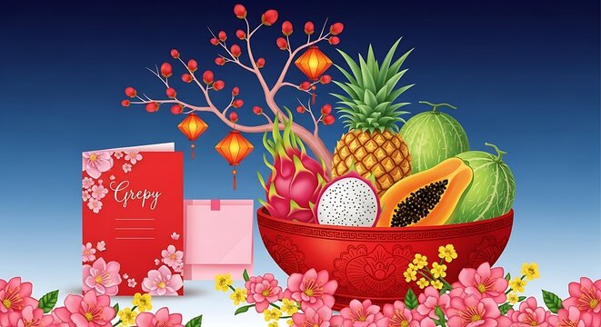 Festive Lunar New Year Fruit Arrangement with Greeting Card and Lanterns